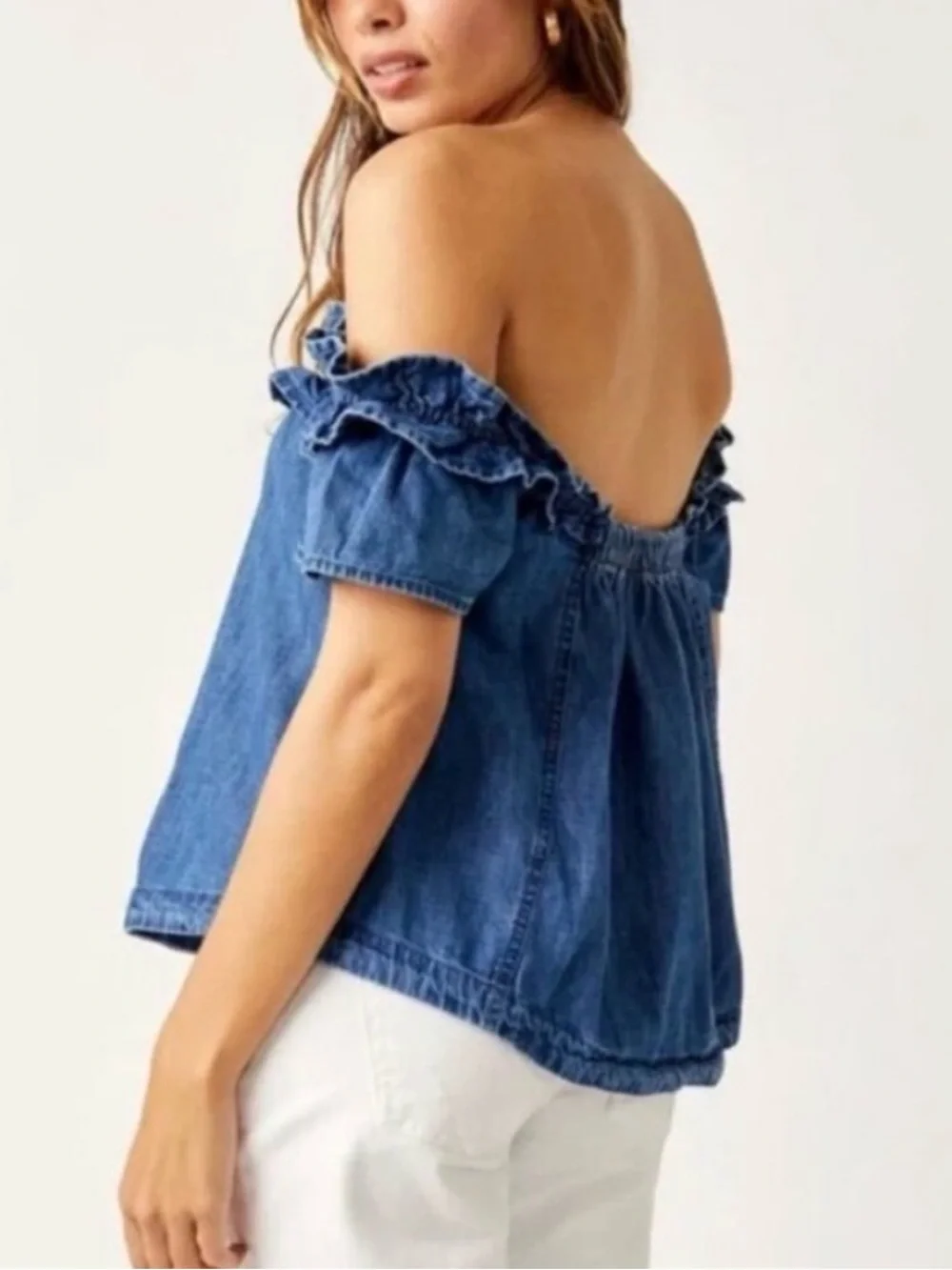 Free People Maxine Denim Off-Shoulder Ruffle Women's Top sz. S